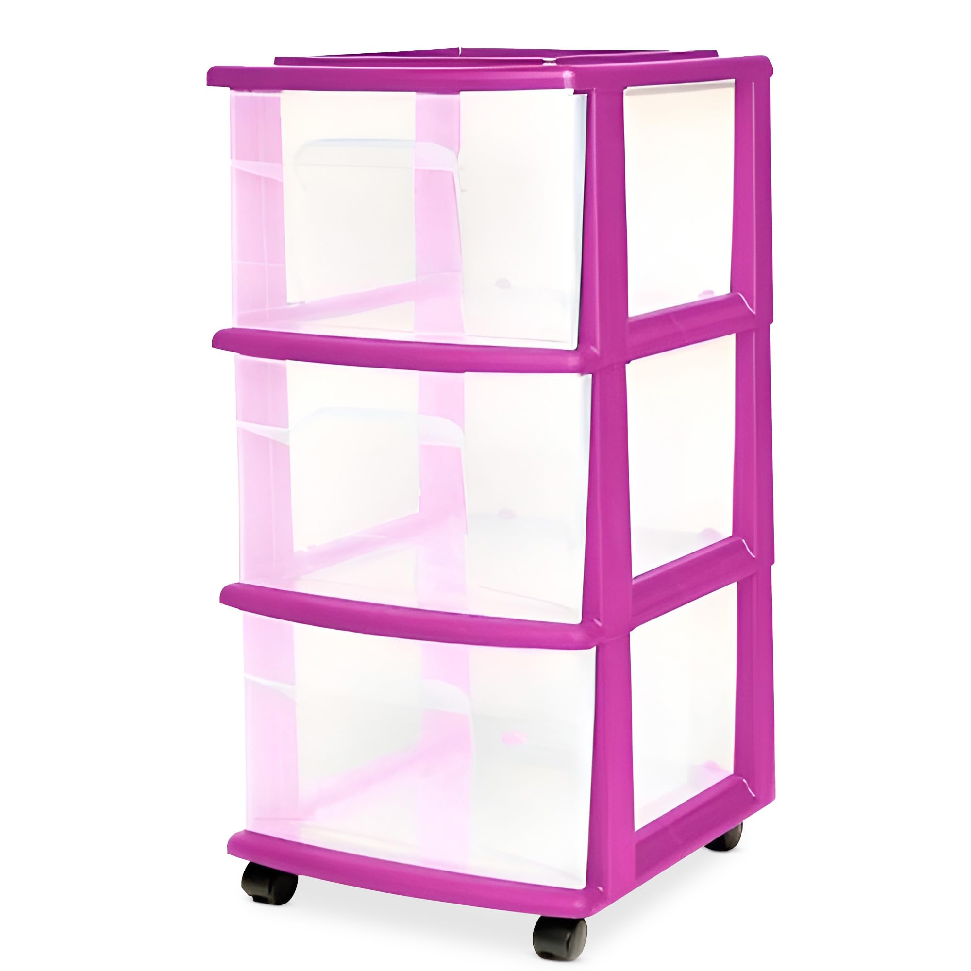 HOMZ Drawer Tower, 3-Tier Rolling Storage Cart with Removable Wheels, White Frame – Plastic Organizer with Clear Bin Drawers for Bedroom, Bathroom, Home Office, and Dorm Room
