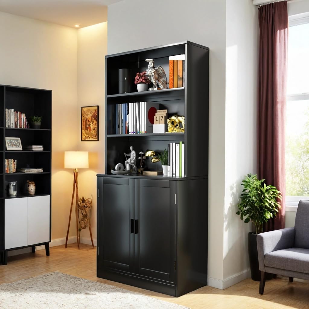 holzart 75" Tall Bookcase with Doors, 5 Tier Large Bookshelf with Cabinet, Standing Wood Display Book Shelf for Living Room, Office, Library with Doors, Black