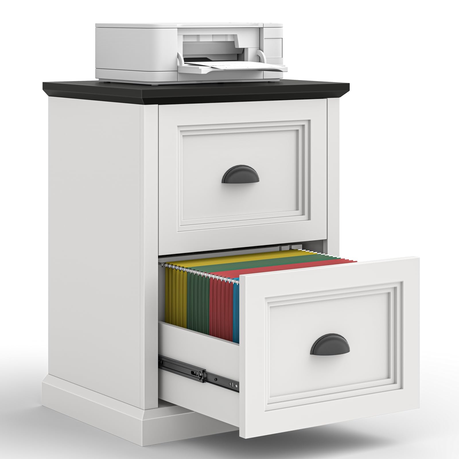 Halitaa 2 Drawer File Cabinet, Farmhouse Lateral Filing Cabinet for Letter/A4/F4/Legal Size Hanging Files, Large Wood File Storage Cabinets Printer Stand for Home Office, White and Black