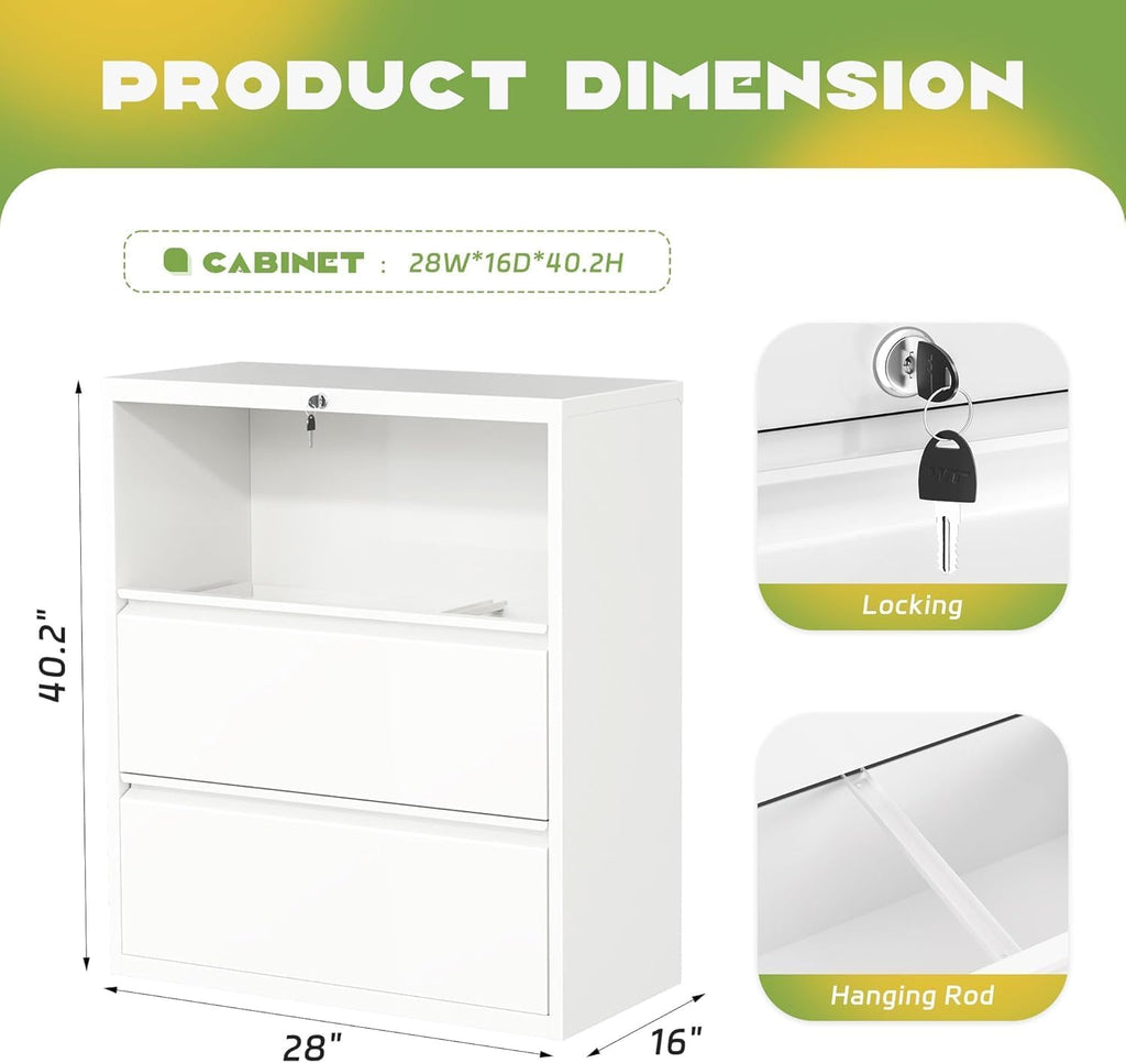 Bonusall 3 Drawer Lateral File Cabinet with Lock, Locking Metal lateral Filing Cabinet for Office Steel lateral File Cabinet, Large Horizontal File Cabinet Locked by Keys-White