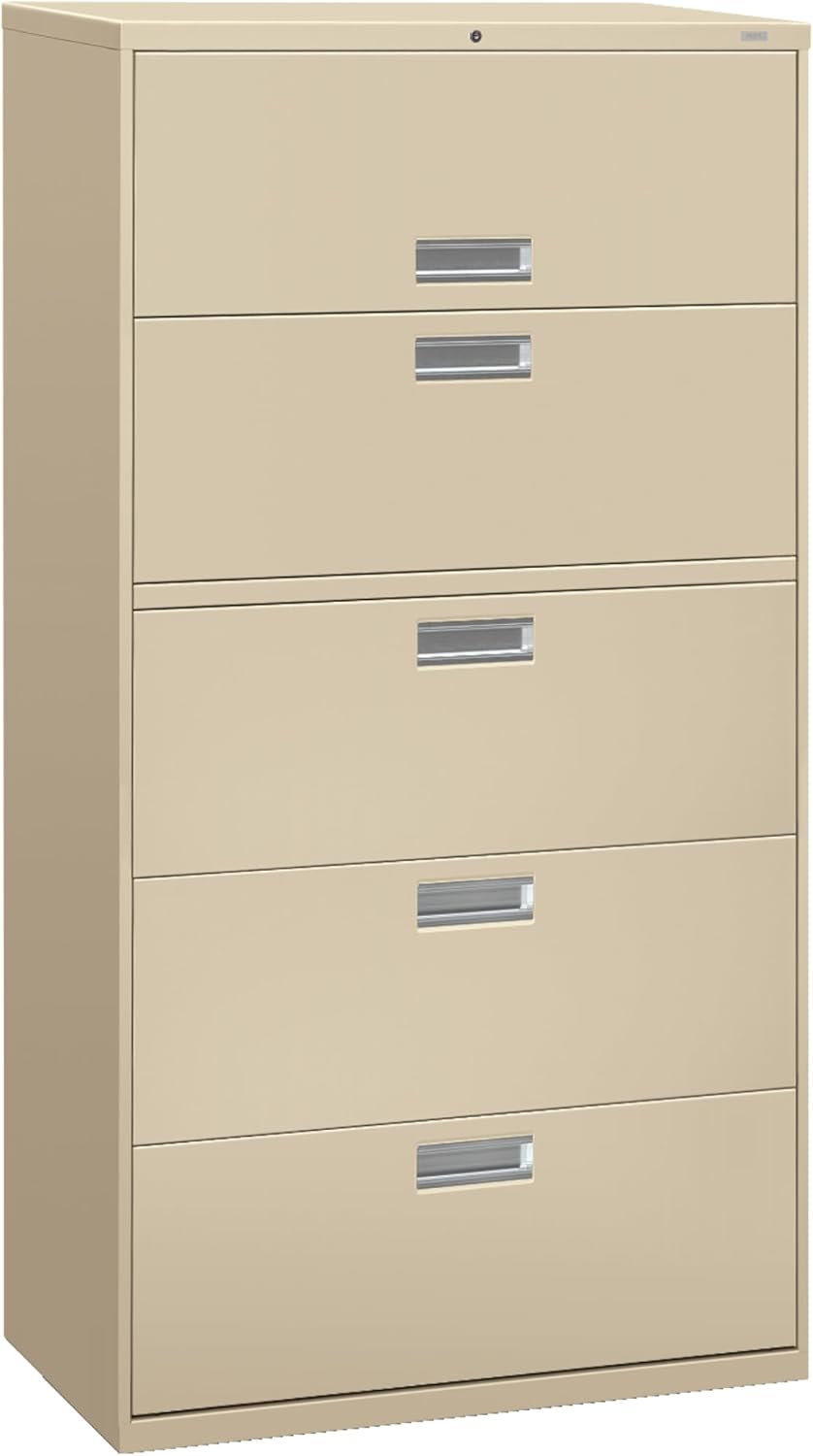HON 5 Drawer Lateral File Cabinet with Lock, Metal Filing Cabinets for Offices, Adjustable Hangrails for A4, Legal, Letter Files, 18" Deep, Putty