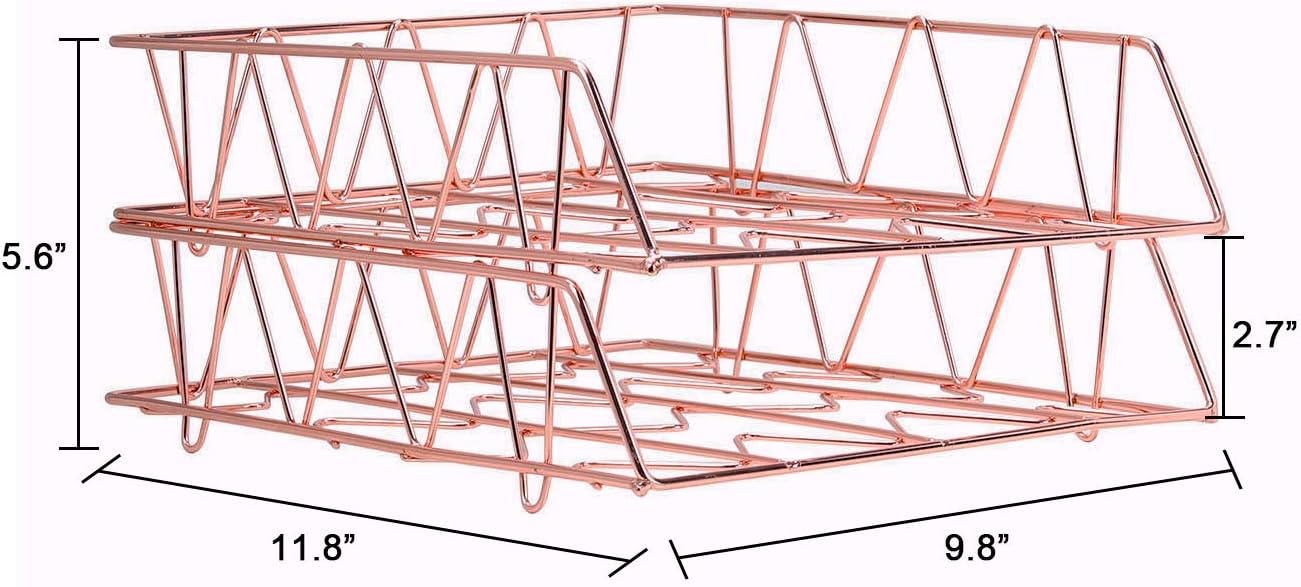 PAG Set of 2 Office Supplies Metal Stackable File Document Letter Tray Organizer for Desk, Rose Gold