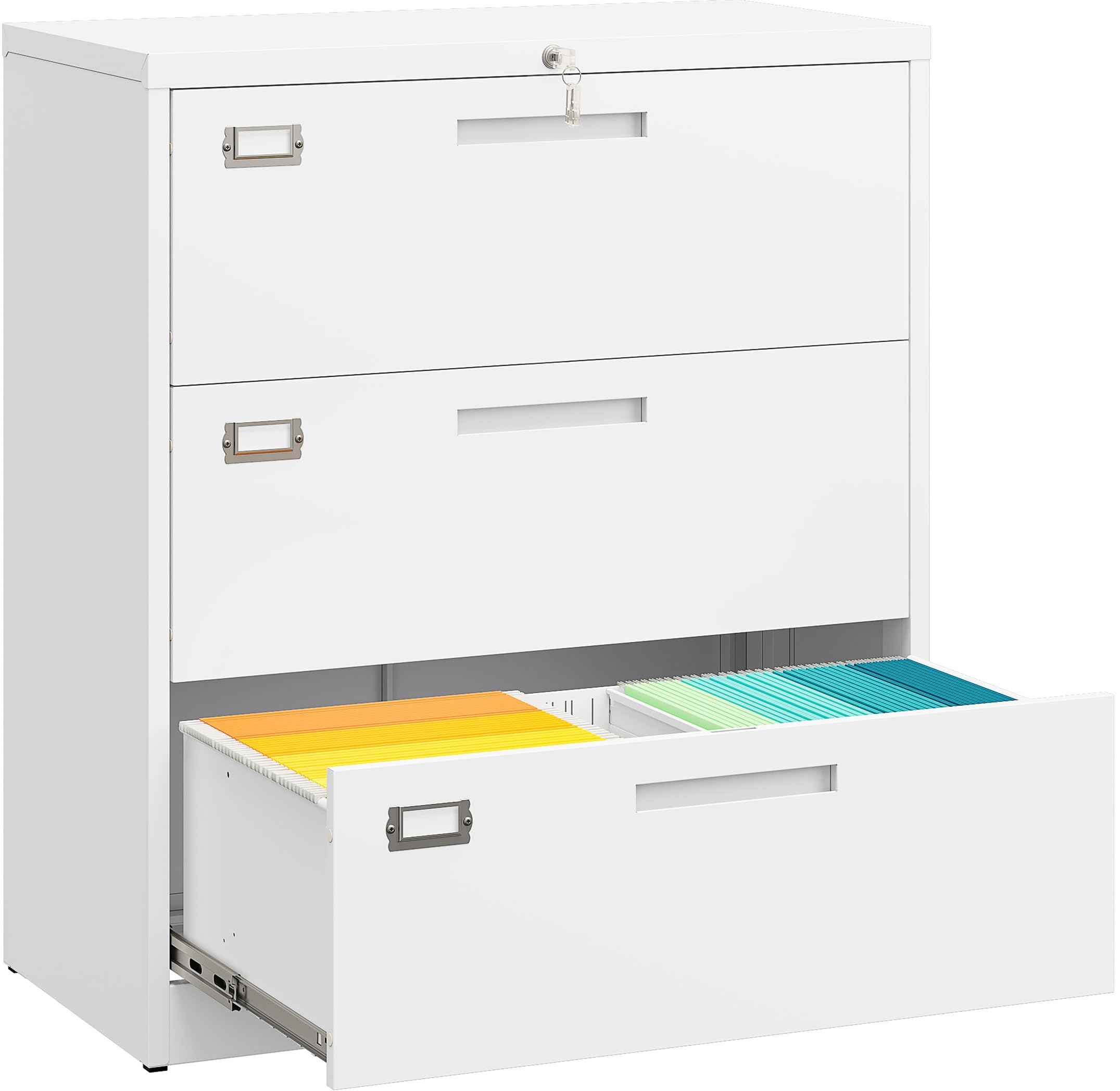 SISESOL 3 Drawer Lateral File Cabinet with Lock,Black Lateral Filing Cabinet,Horizontal Metal Filing Cabinets,Locked Wide Three Drawer File Cabinets for Office Home,Fit A4/F4/Letter/Legal File