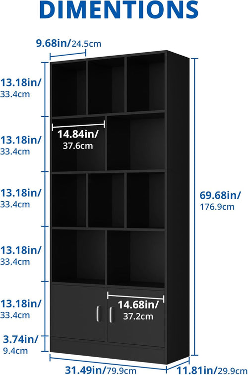 Cozy Castle 70" Tall Black Bookshelf with 12 Cubes and 2 Doors, 4-Tier Open Shelf Bookcase with Cabinet, Modern Cube Storage Organizer for Living Room, and Office