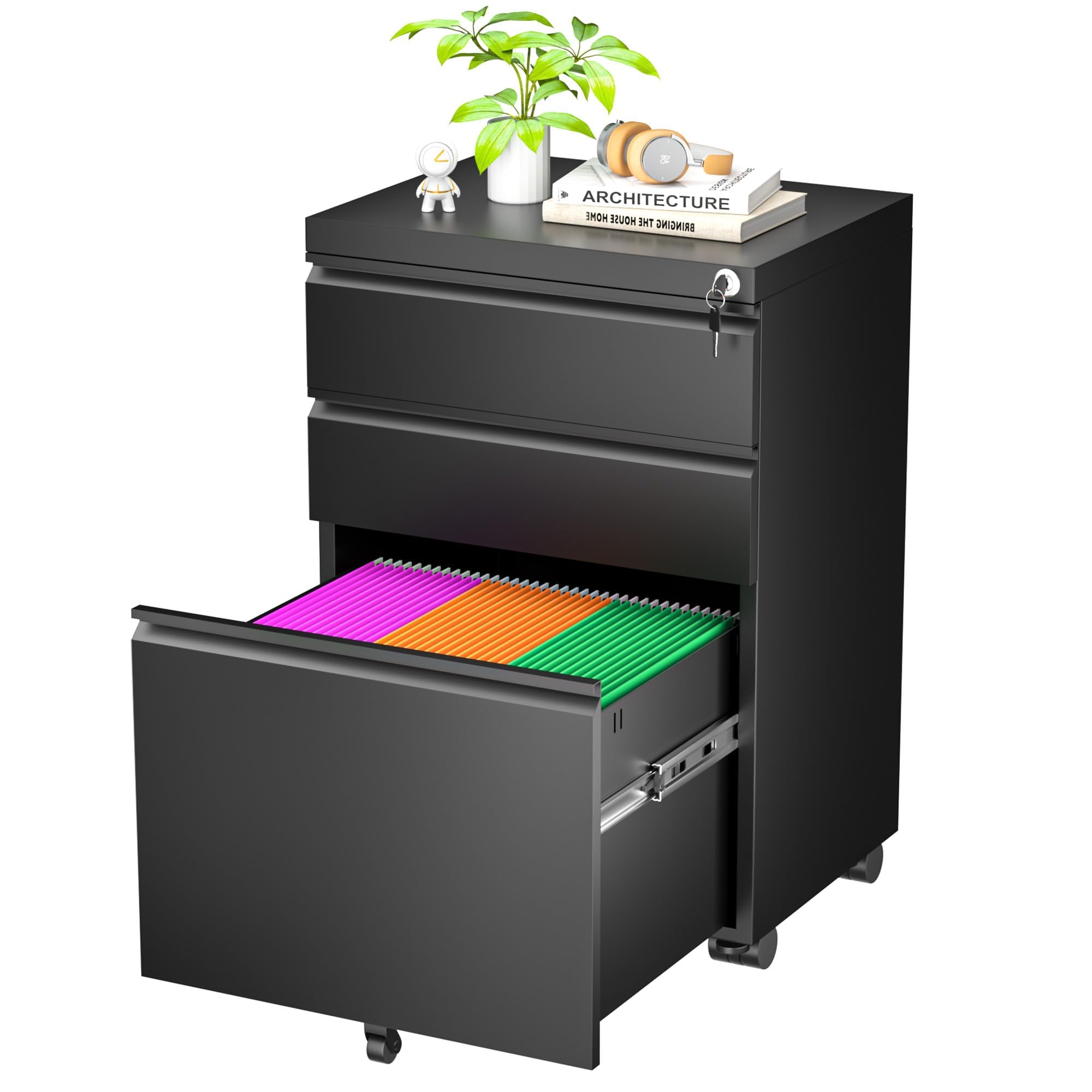 Greenvelly 2 Drawer File Cabinet, Black Metal Lateral File Cabinet with Lock, Office Filing Cabinet for Legal/Letter/A4/F4 Size with Hanging Files&Key, Lockable File Cabinets for Home Office