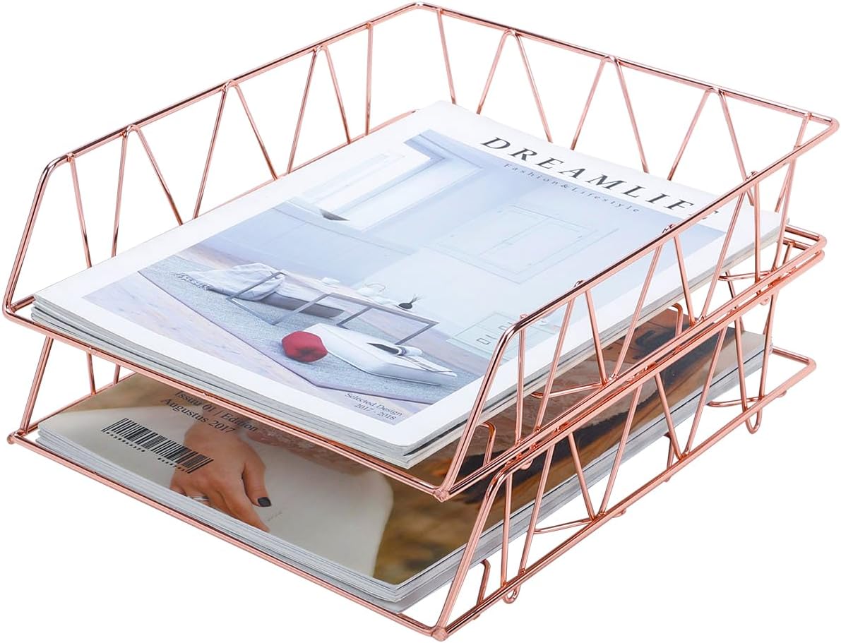 PAG Set of 2 Office Supplies Metal Stackable File Document Letter Tray Organizer for Desk, Rose Gold