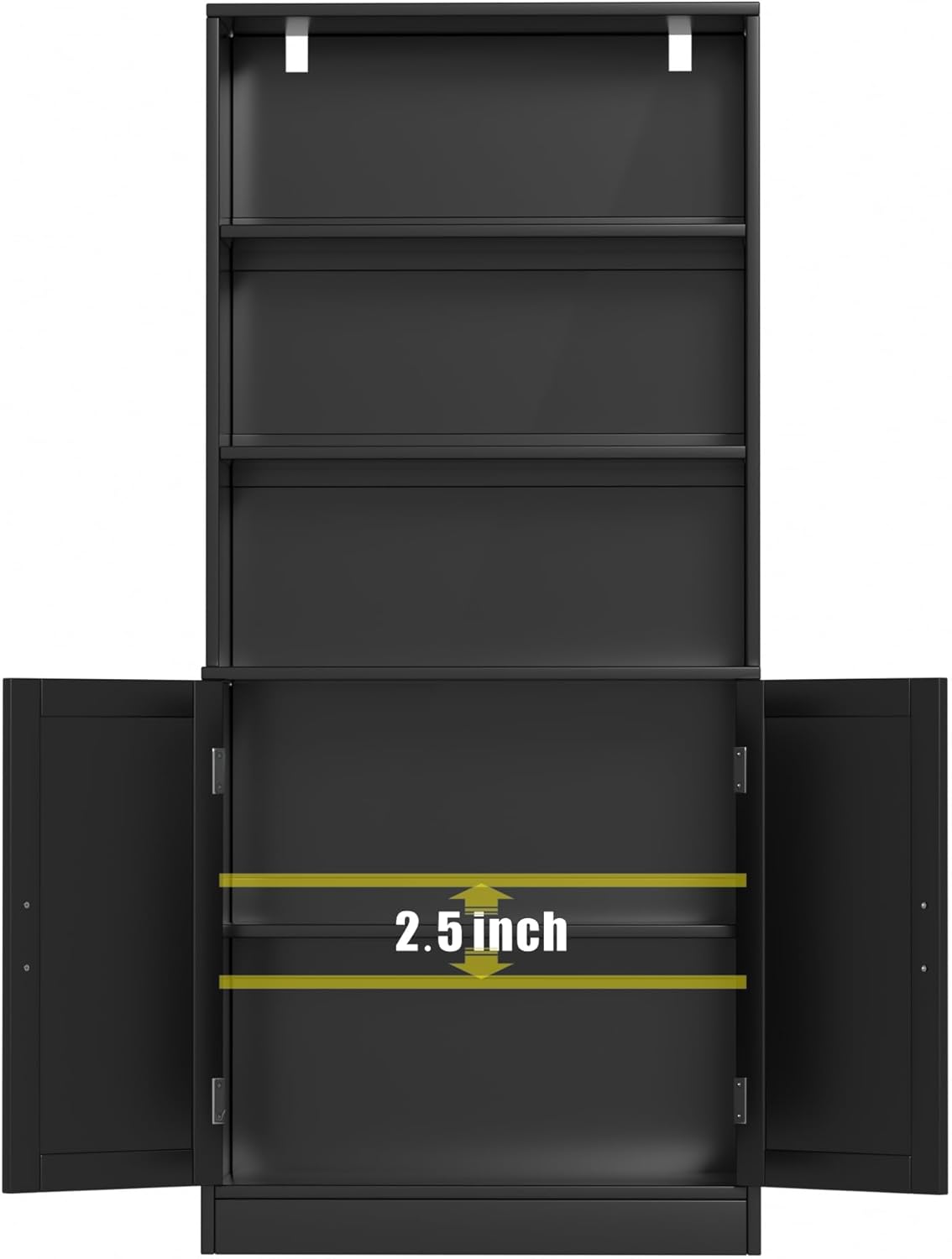holzart 75" Tall Bookcase with Doors, 5 Tier Large Bookshelf with Cabinet, Standing Wood Display Book Shelf for Living Room, Office, Library with Doors, Black