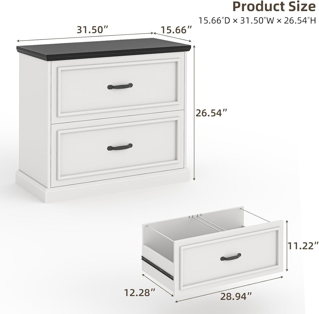 Halitaa 2 Drawer File Cabinet, Farmhouse Lateral Filing Cabinet for Letter/A4/F4/Legal Size Hanging Files, Large Wood File Storage Cabinets Printer Stand for Home Office, White and Black