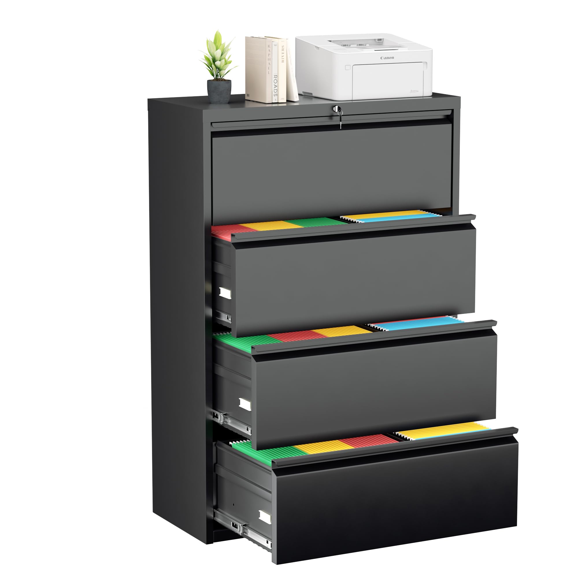 Greenvelly 2 Drawer File Cabinet, Black Metal Lateral File Cabinet with Lock, Office Filing Cabinet for Legal/Letter/A4/F4 Size with Hanging Files&Key, Lockable File Cabinets for Home Office