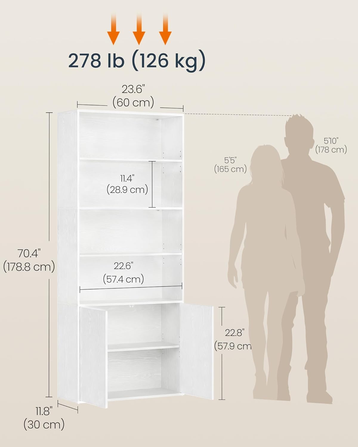 SONGMICS Home Book Shelf, Superfast Toolless Assembly, 6-Tier Floor Standing Bookcase with Doors and Adjustable Shelves, 70.4 Inches Tall for Bedroom Study Living Room, Snow White