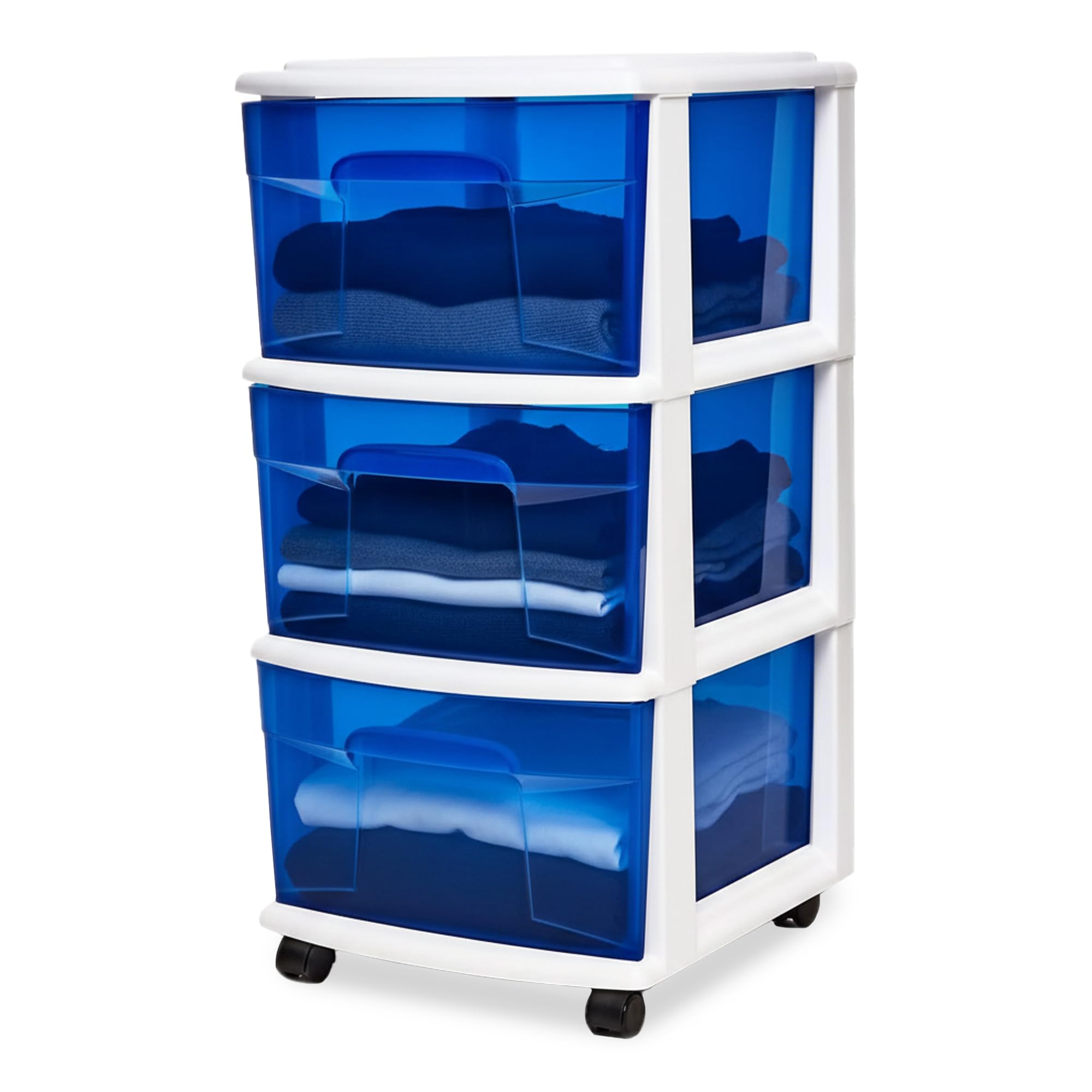 HOMZ Drawer Tower, 3-Tier Rolling Storage Cart with Removable Wheels, White Frame – Plastic Organizer with Clear Bin Drawers for Bedroom, Bathroom, Home Office, and Dorm Room