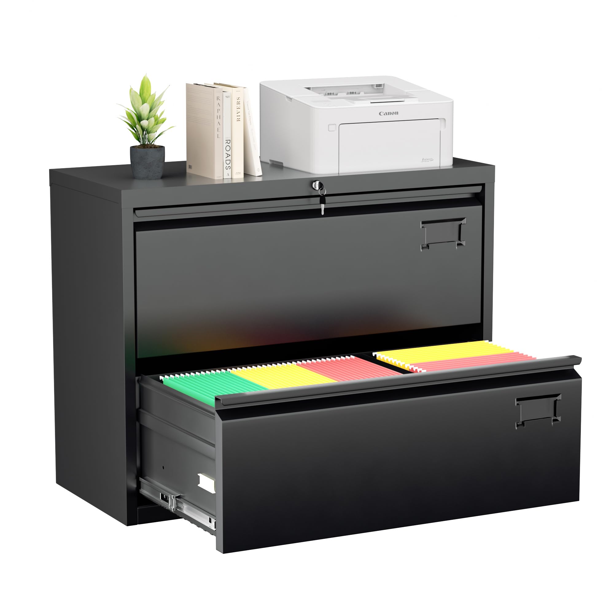 Greenvelly 2 Drawer File Cabinet, Black Metal Lateral File Cabinet with Lock, Office Filing Cabinet for Legal/Letter/A4/F4 Size with Hanging Files&Key, Lockable File Cabinets for Home Office