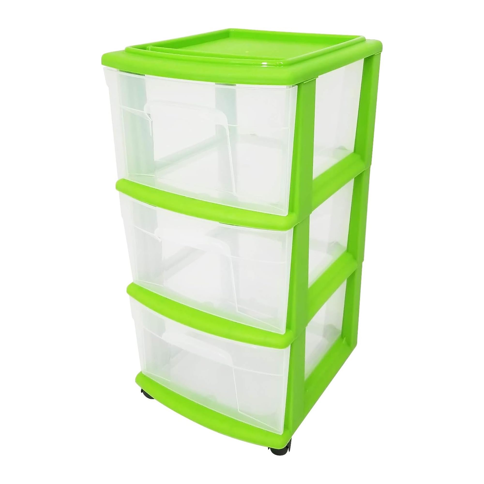 HOMZ Drawer Tower, 3-Tier Rolling Storage Cart with Removable Wheels, White Frame – Plastic Organizer with Clear Bin Drawers for Bedroom, Bathroom, Home Office, and Dorm Room