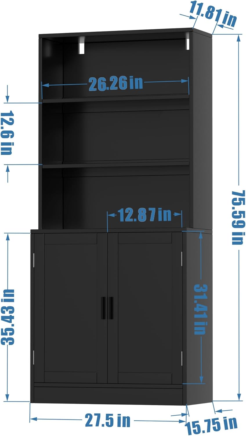 holzart 75" Tall Bookcase with Doors, 5 Tier Large Bookshelf with Cabinet, Standing Wood Display Book Shelf for Living Room, Office, Library with Doors, Black