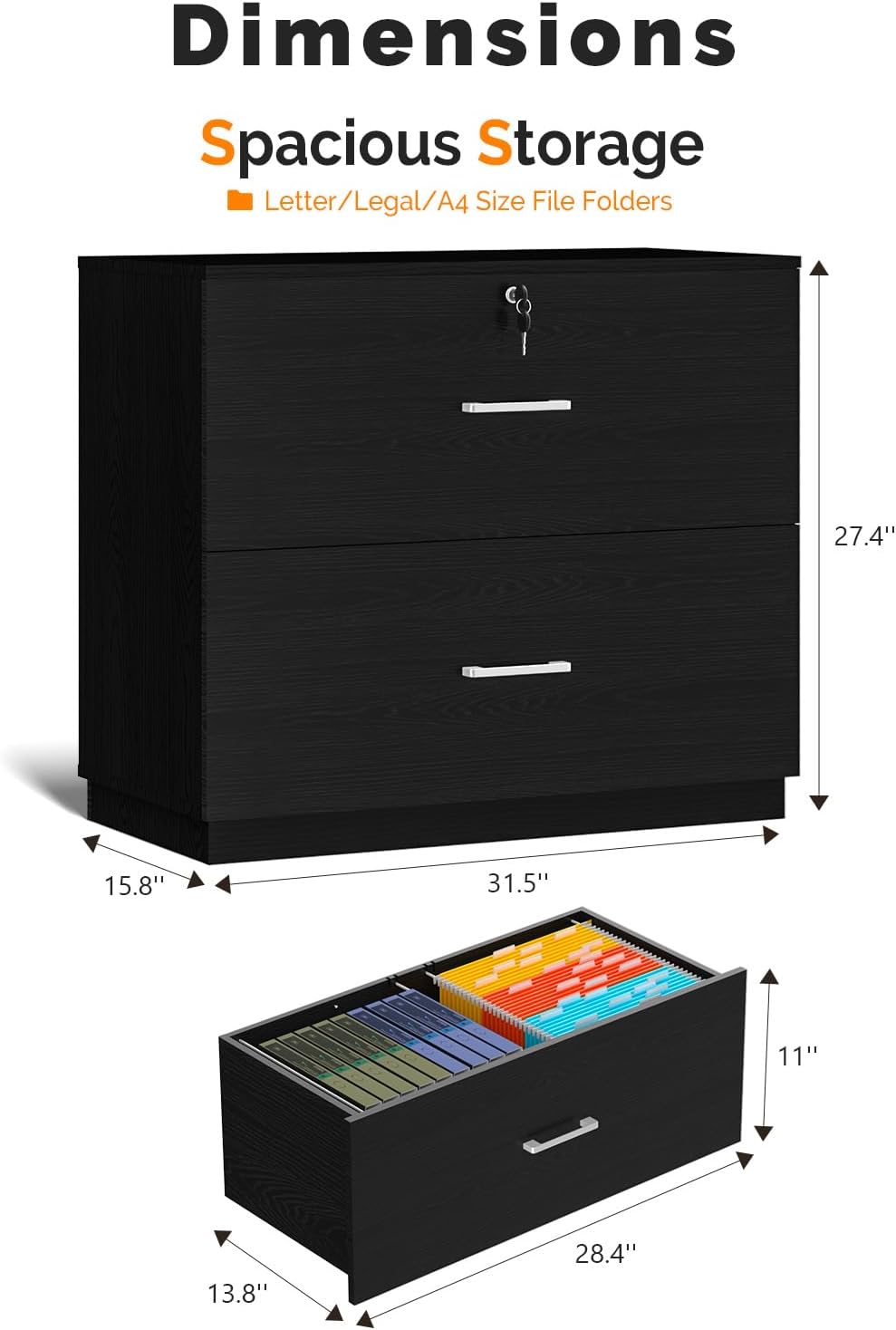 VINGLI 2 - Drawer Lateral File Cabinet with Lock, Lockable Wood Filing cabinets for Home Office, Wooden Printer Stand with 2 Drawers for Letter Legal A4 Size File Folder Storage, Archivador, Black