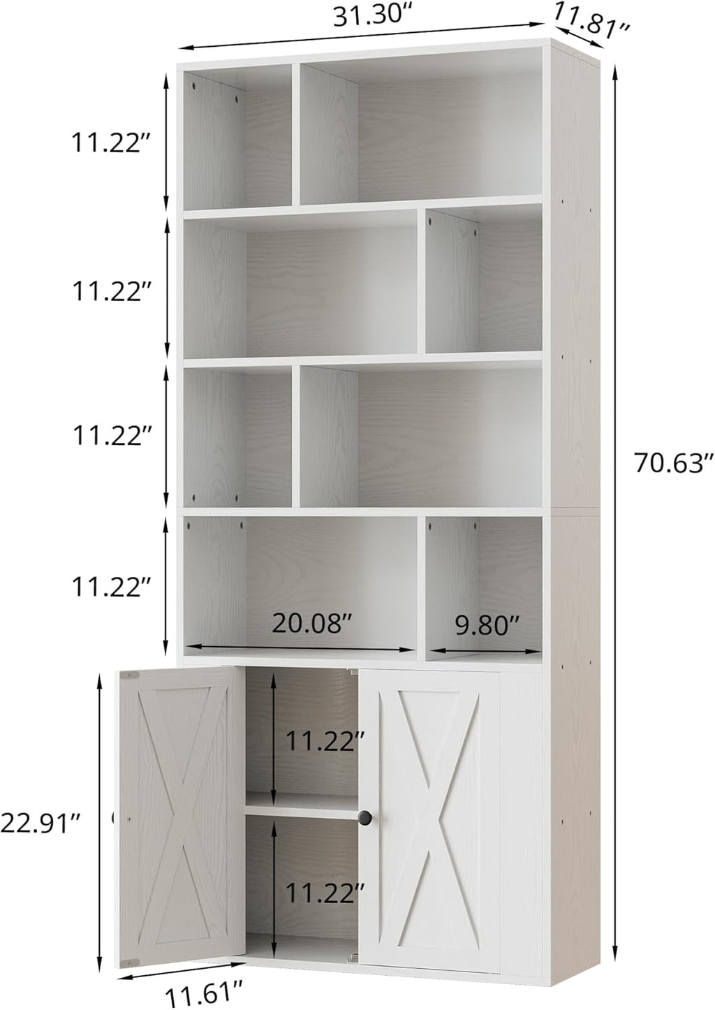 IRONCK Book Shelf, Tall Bookshelf with Storage, Bookshelves and Bookcases with Doors, 4-Tier Bookcase with 8 Open Cubes for Living Room, Office, Study, White