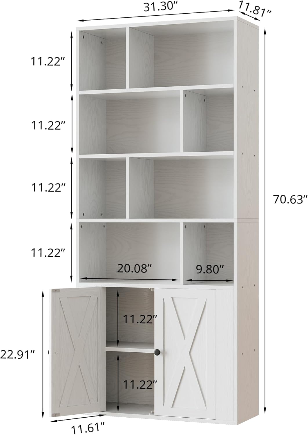 IRONCK Book Shelf, Tall Bookshelf with Storage, Bookshelves and Bookcases with Doors, 4-Tier Bookcase with 8 Open Cubes for Living Room, Office, Study, White