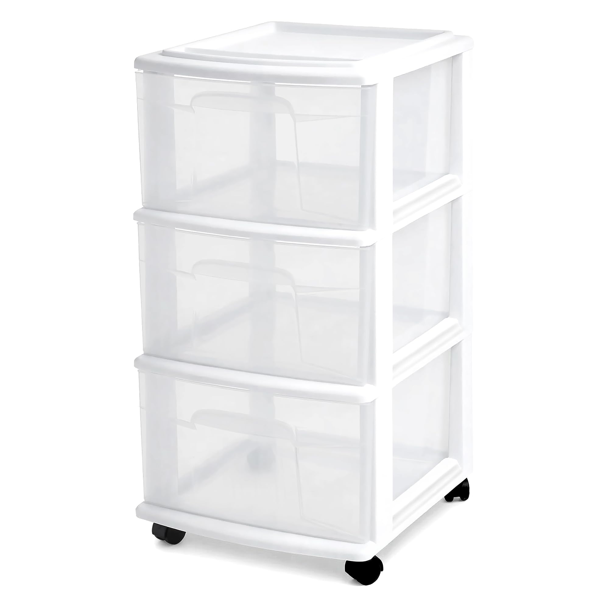 HOMZ Drawer Tower, 3-Tier Rolling Storage Cart with Removable Wheels, White Frame – Plastic Organizer with Clear Bin Drawers for Bedroom, Bathroom, Home Office, and Dorm Room