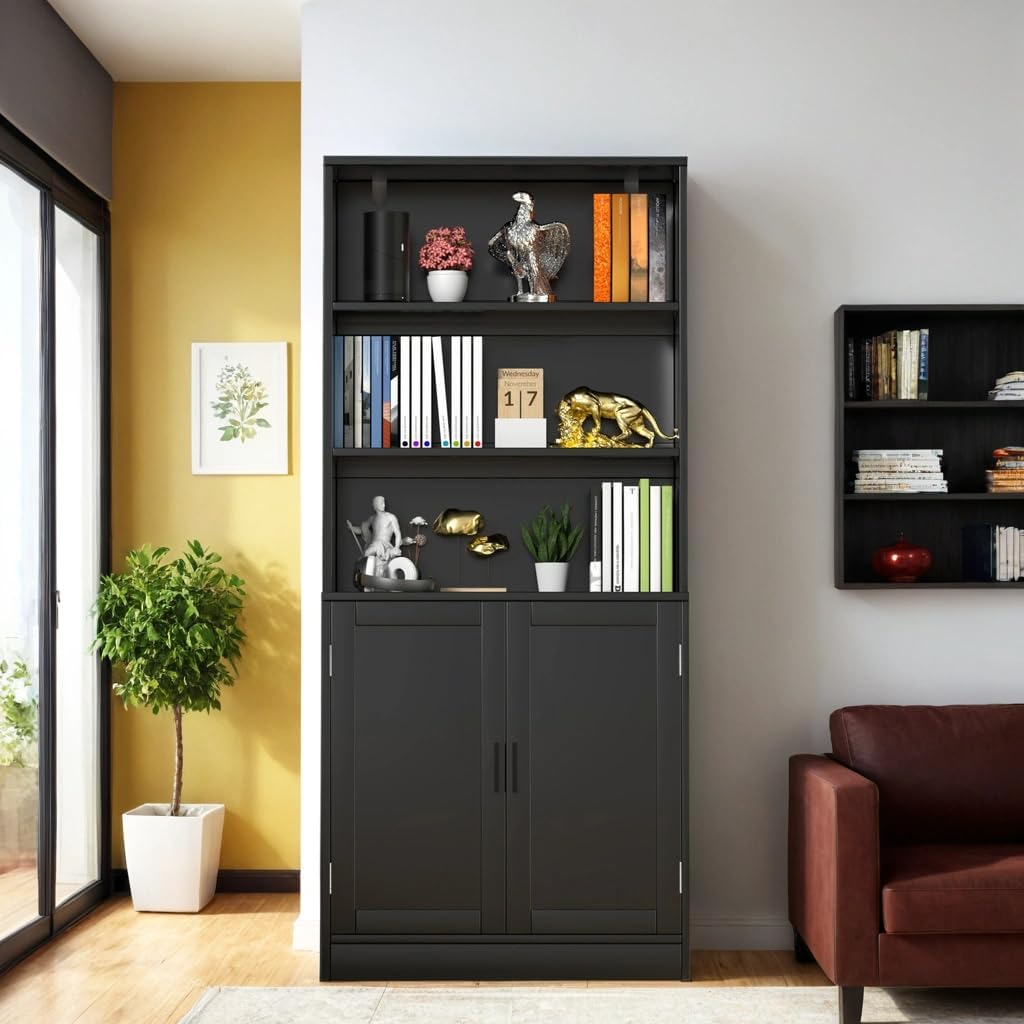 holzart 75" Tall Bookcase with Doors, 5 Tier Large Bookshelf with Cabinet, Standing Wood Display Book Shelf for Living Room, Office, Library with Doors, Black