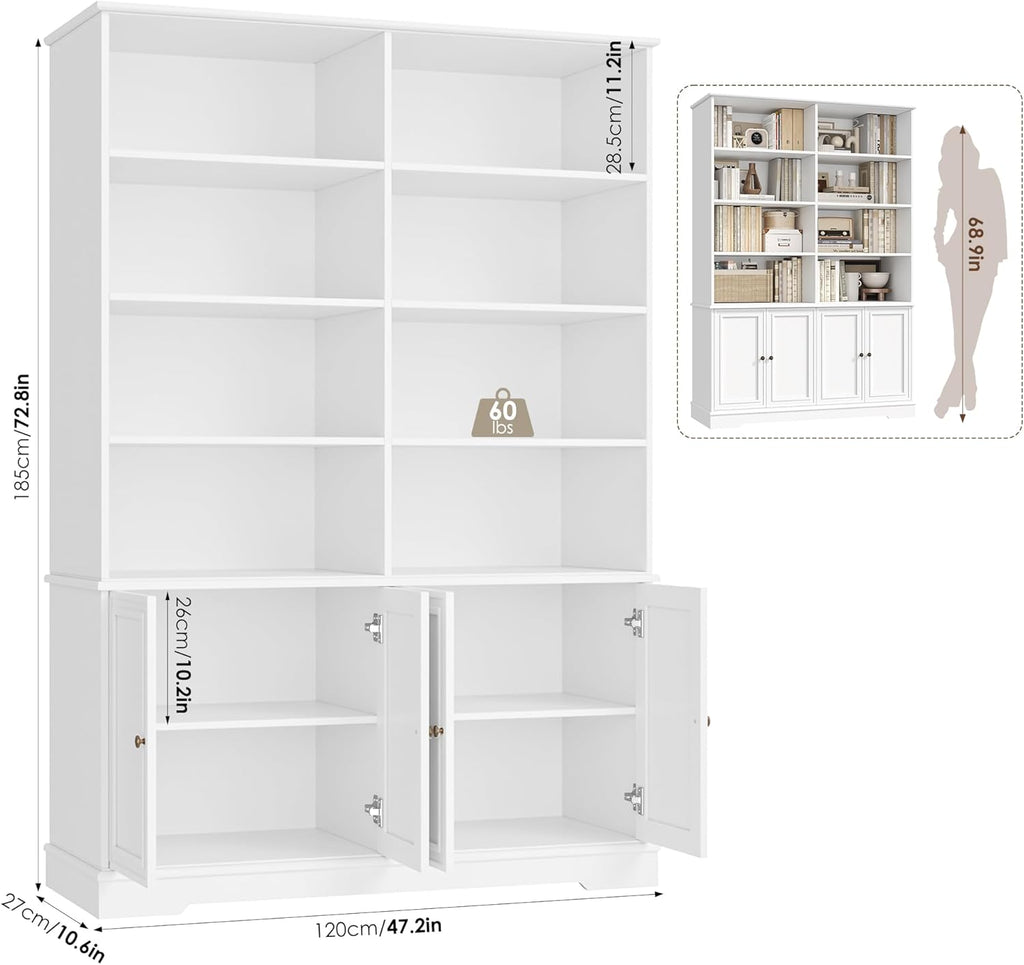 FOTOSOK 73" White Bookshelf with Doors, 6 Tier Tall Bookshelf, 47.2" Double Wide Farmhouse Bookshelves and Bookcases, Large Open Book Shelf Storage Cabinets for Home Office