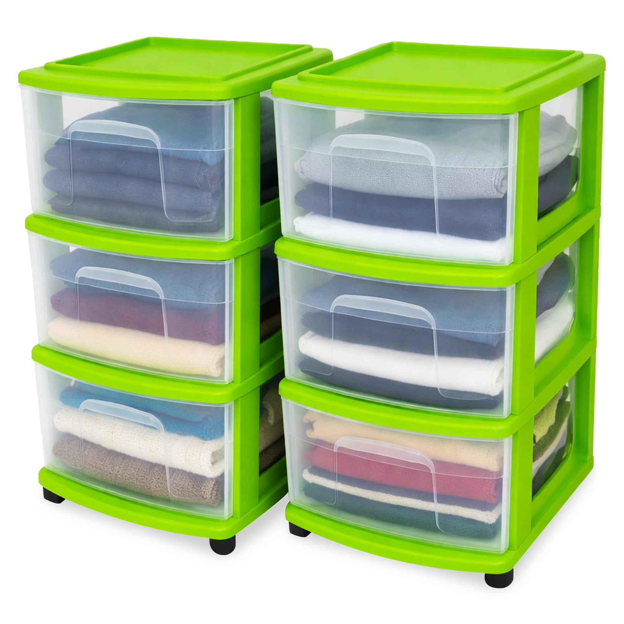 HOMZ Drawer Tower, 3-Tier Rolling Storage Cart with Removable Wheels, White Frame – Plastic Organizer with Clear Bin Drawers for Bedroom, Bathroom, Home Office, and Dorm Room