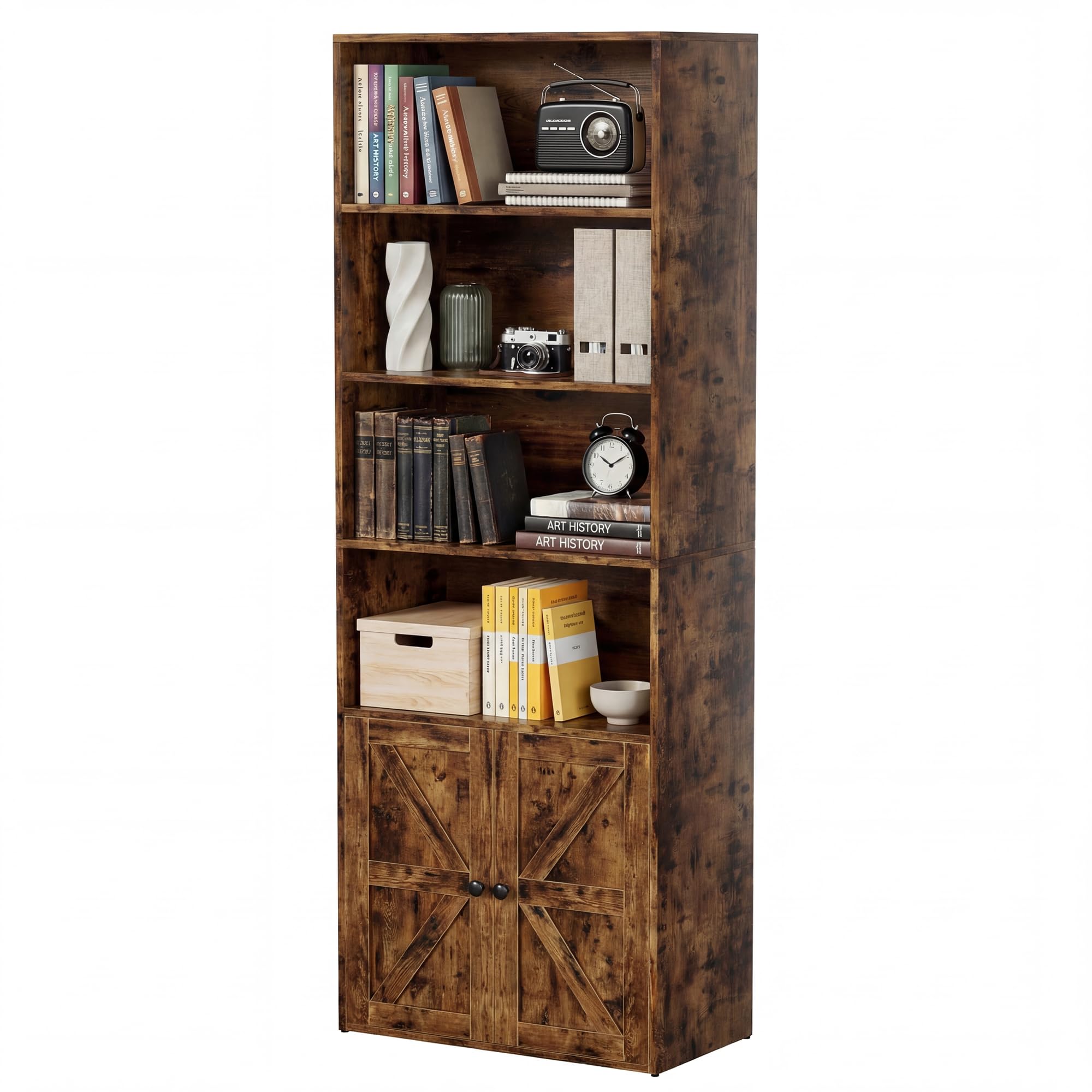 YESHOMY Farmhouse Bookshelf and Bookcase with Doors, Industrial Bookshelves and Bookcases Floor Standing Display 6-Tier Shelf Storage 71.5 inchs for Home Office, Living Room, Rustic Brown, 2 PCS