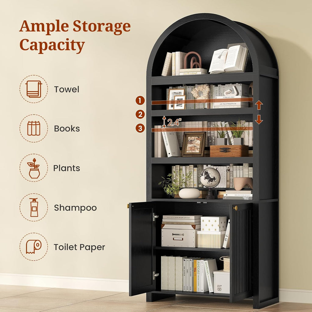 81" Tall Arched Cabinets,Bookcase with storage,Mid-Century Modern 6-Tier Bookshelf with Door,2 Book Risers and Adjustable Shelves offering more storage space for Living Room,Kitchen,Home Office,Black