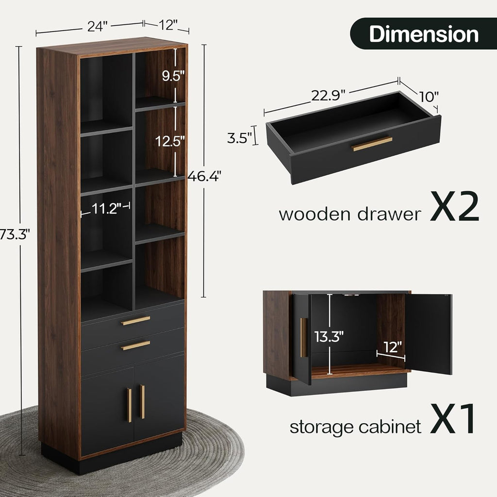 ModernMate Wood Bookcase with 2 Drawers and Doors, 8 Storage Cubes, 73.3" Tall Bookshelf, Modern Bookcases, Wooden Bookshelves for Home and Office, Living Room, Study, Black Walnut