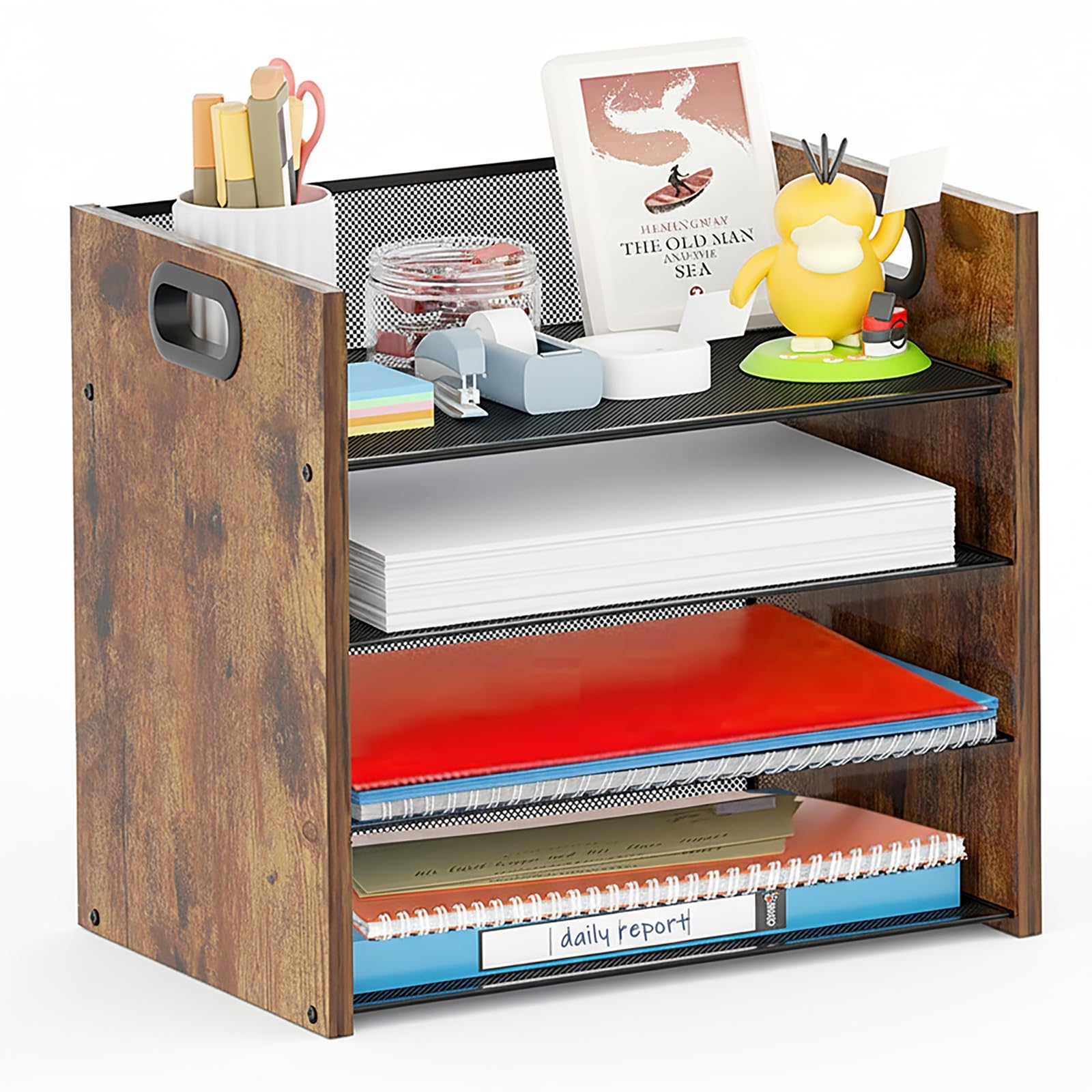 Wood Desk Organizer - 3-Tier Desktop File Organizer with Drawer, Wooden Paper Tray, Office Desk Organzier and Accessories for Papers, Mail, Notebooks, Stationery
