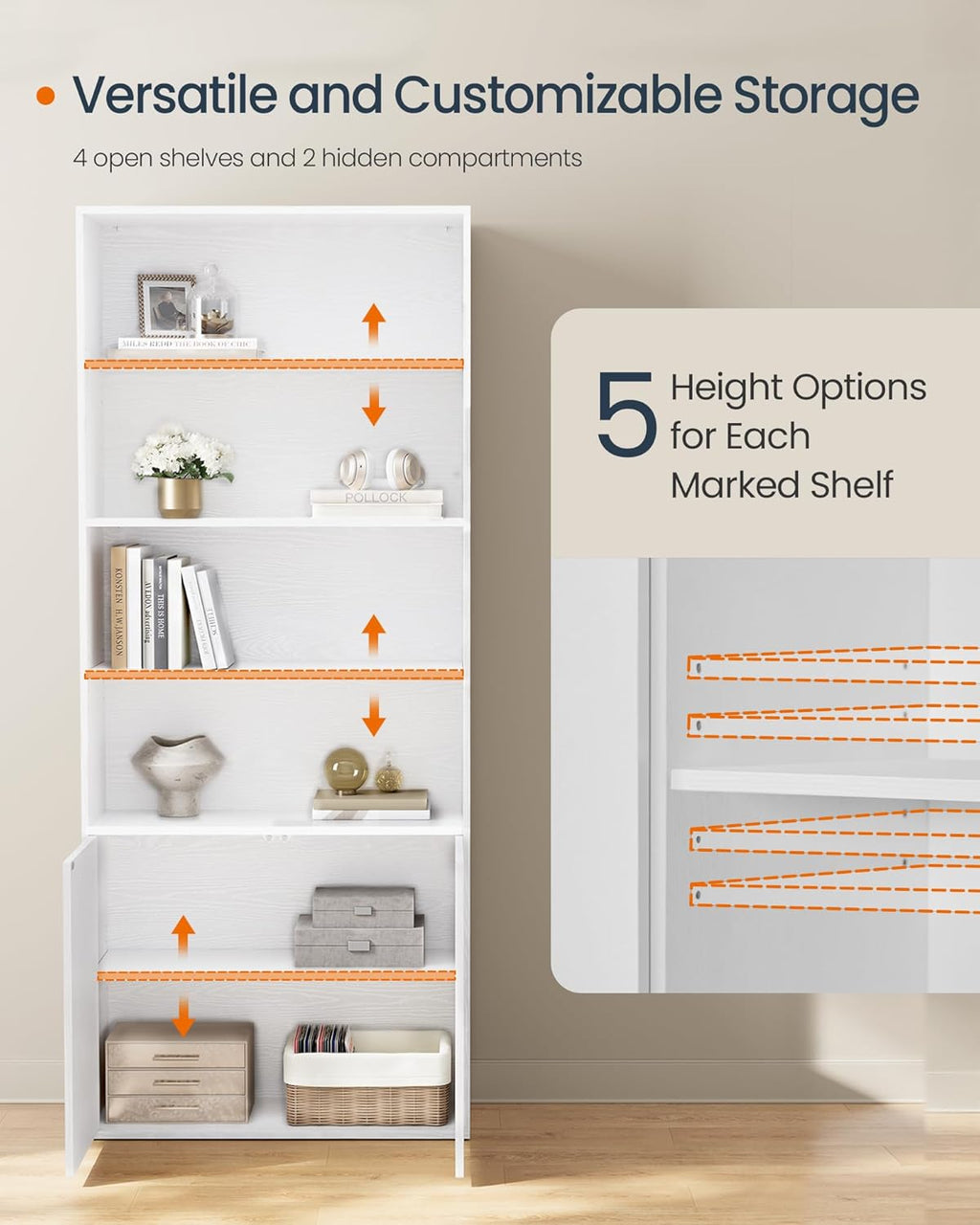 SONGMICS Home Book Shelf, Superfast Toolless Assembly, 6-Tier Floor Standing Bookcase with Doors and Adjustable Shelves, 70.4 Inches Tall for Bedroom Study Living Room, Snow White