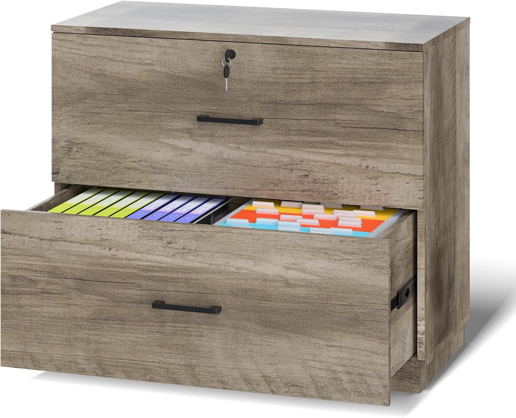 VINGLI 2 - Drawer Lateral File Cabinet with Lock, Lockable Wood Filing cabinets for Home Office, Wooden Printer Stand with 2 Drawers for Letter Legal A4 Size File Folder Storage, Rustic Gray