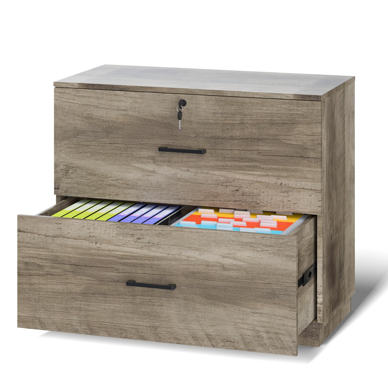 VINGLI 2 - Drawer Lateral File Cabinet with Lock, Lockable Wood Filing cabinets for Home Office, Wooden Printer Stand with 2 Drawers for Letter Legal A4 Size File Folder Storage, Archivador, Black