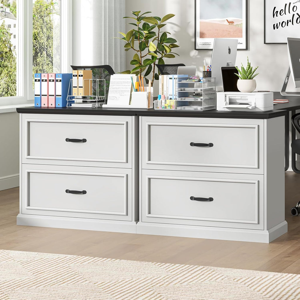 Halitaa 2 Drawer File Cabinet, Farmhouse Lateral Filing Cabinet for Letter/A4/F4/Legal Size Hanging Files, Large Wood File Storage Cabinets Printer Stand for Home Office, White and Black
