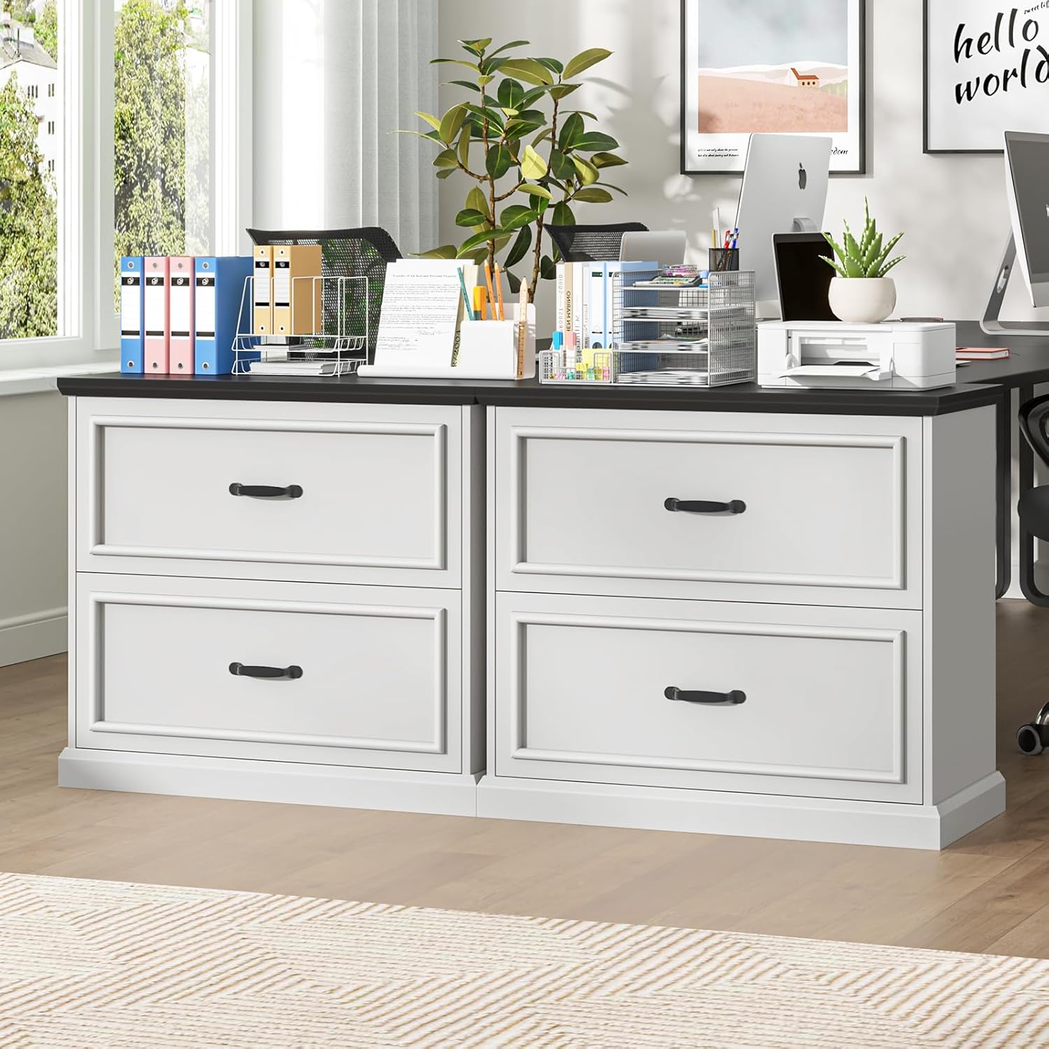 Halitaa 2 Drawer File Cabinet, Farmhouse Lateral Filing Cabinet for Letter/A4/F4/Legal Size Hanging Files, Large Wood File Storage Cabinets Printer Stand for Home Office, White and Black