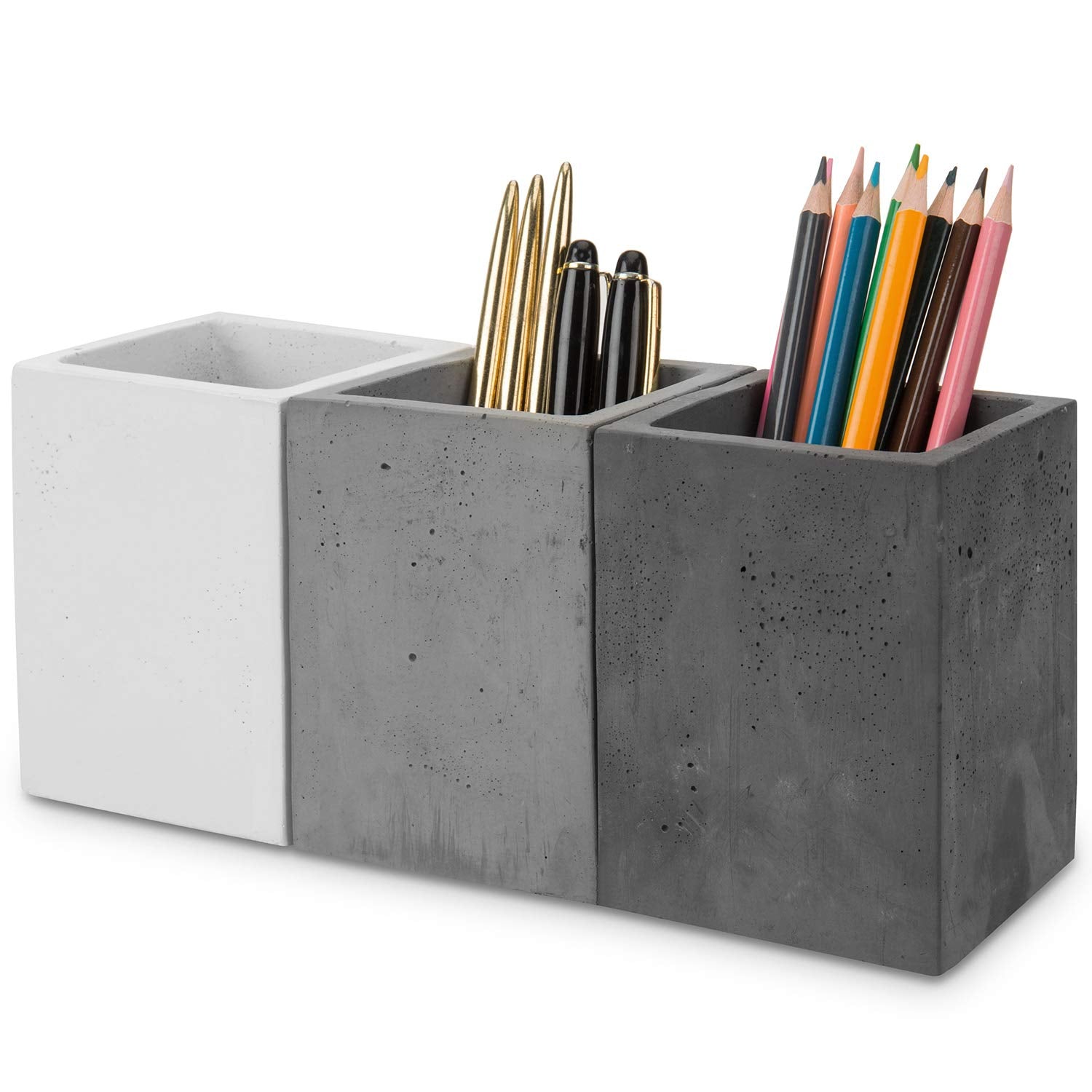 MyGift Pen Holder Pencil Holder For Desk,Pen Cup Holder For Desk,Concrete Desktop Pencil Cup,Modern Gray-Tone,Set of 3