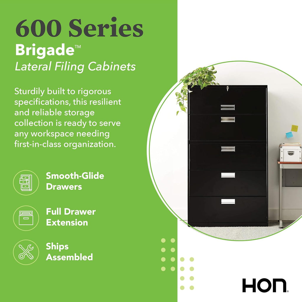 HON 5 Drawer Lateral File Cabinet with Lock, Metal Filing Cabinets for Offices, Adjustable Hangrails for A4, Legal, Letter Files, 18" Deep, Putty