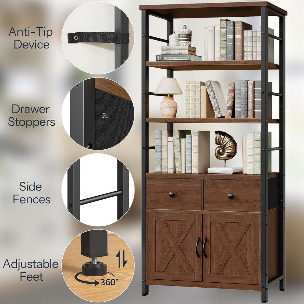 HOOBRO Bookshelf with Doors, Rustic Bookshelf with Drawers, Industrial Display Standing Shelf Units, Wooden and Metal Storage Shelf for Living Room, Home Office, Dining Room, Walnut and Black BH75SJ01