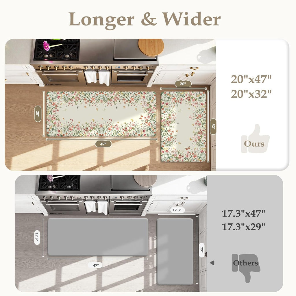 KIMODE Kitchen Mats for Floor Anti Fatigue, Flower Butterfly Kitchen Rugs Sets of 2, Cushioned Kitchen Floor Mats, Comfort Standing Mat for Sink Laundry Office Desk 20"x47"+20"x32" Beige