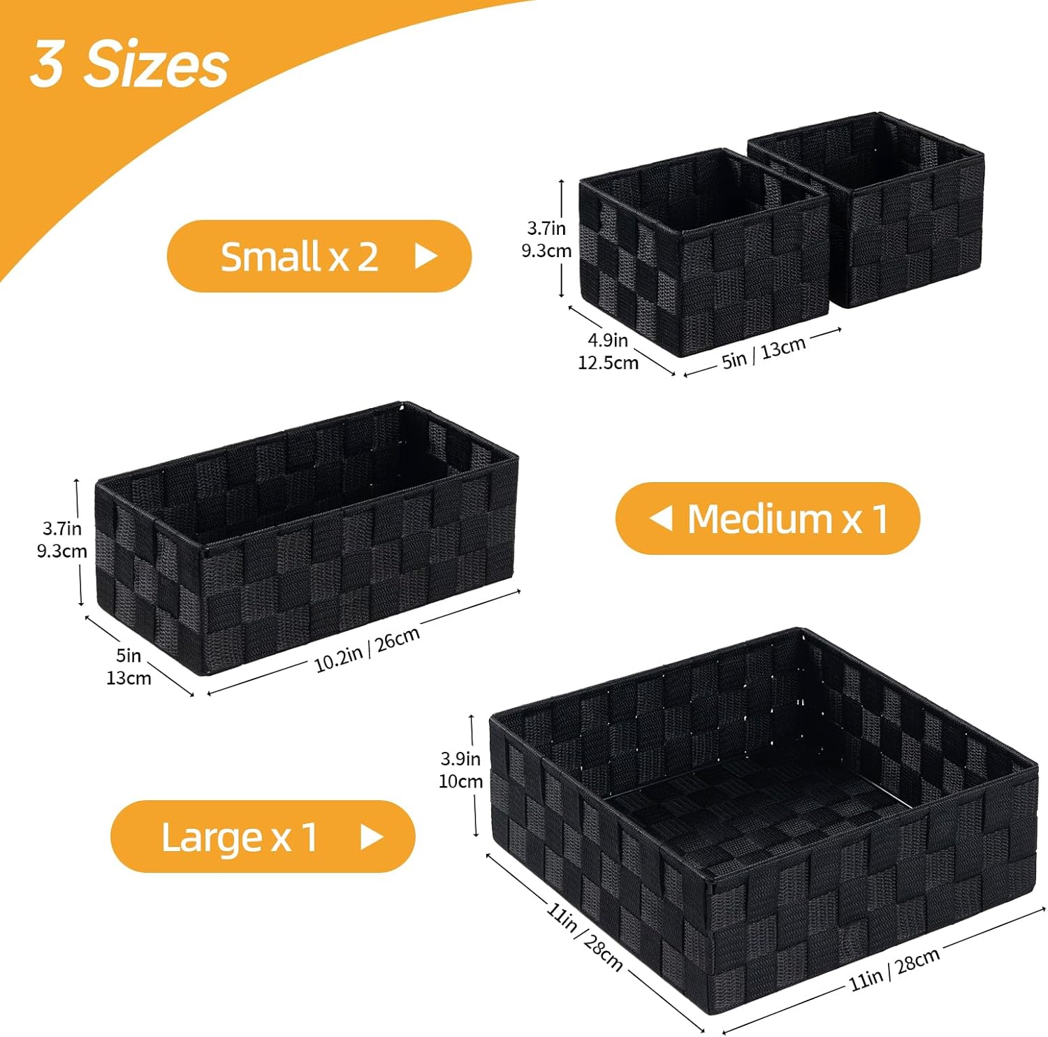 Posprica Small Black Baskets Cube Bin Container Tote,Woven Storage Baskets for Organizing Organizer Divider for Drawer, Closet, Shelf, Dresser, Set of 4
