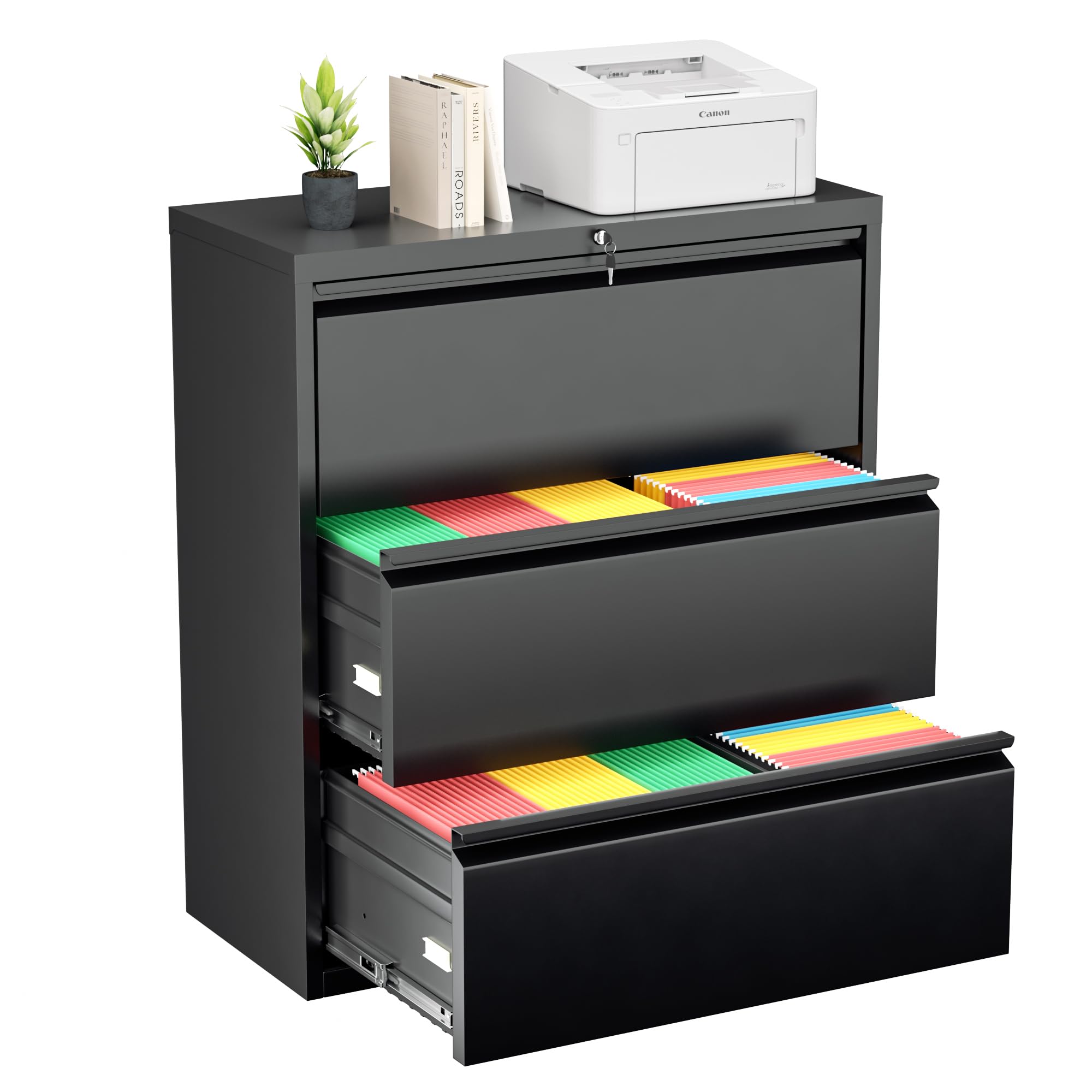 Greenvelly 2 Drawer File Cabinet, Black Metal Lateral File Cabinet with Lock, Office Filing Cabinet for Legal/Letter/A4/F4 Size with Hanging Files&Key, Lockable File Cabinets for Home Office