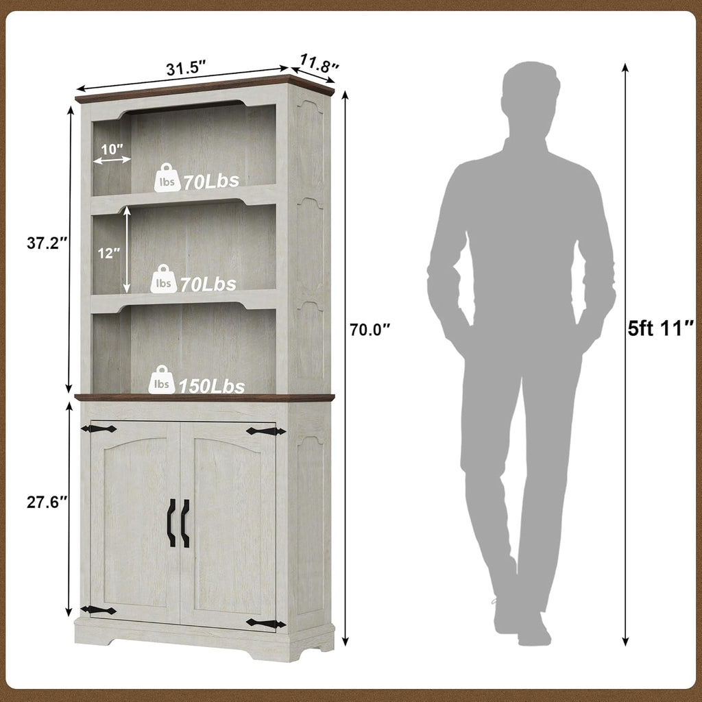 Tall Bookcase, 70 inch Height, 5-Tier Open Storage Shelf, 31.5 in Wide Standing Bookshelves for Home, Office, Bedroom, School, Library, 31.5W * 11.81D *70H (White Espresso, Wooden Door)