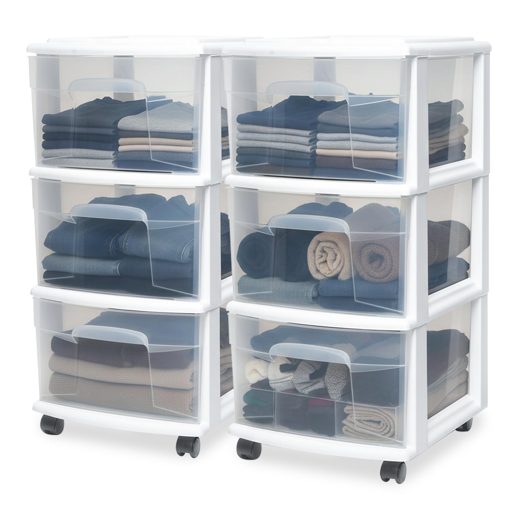 HOMZ Drawer Tower, 3-Tier Rolling Storage Cart with Removable Wheels, White Frame – Plastic Organizer with Clear Bin Drawers for Bedroom, Bathroom, Home Office, and Dorm Room