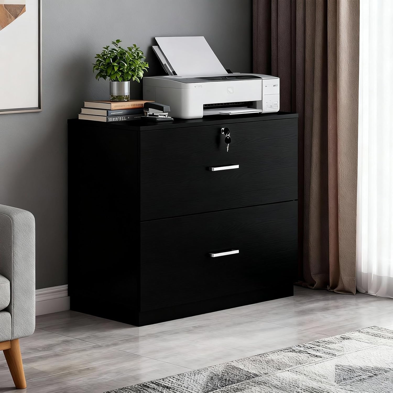 VINGLI 2 - Drawer Lateral File Cabinet with Lock, Lockable Wood Filing cabinets for Home Office, Wooden Printer Stand with 2 Drawers for Letter Legal A4 Size File Folder Storage, Archivador, Black