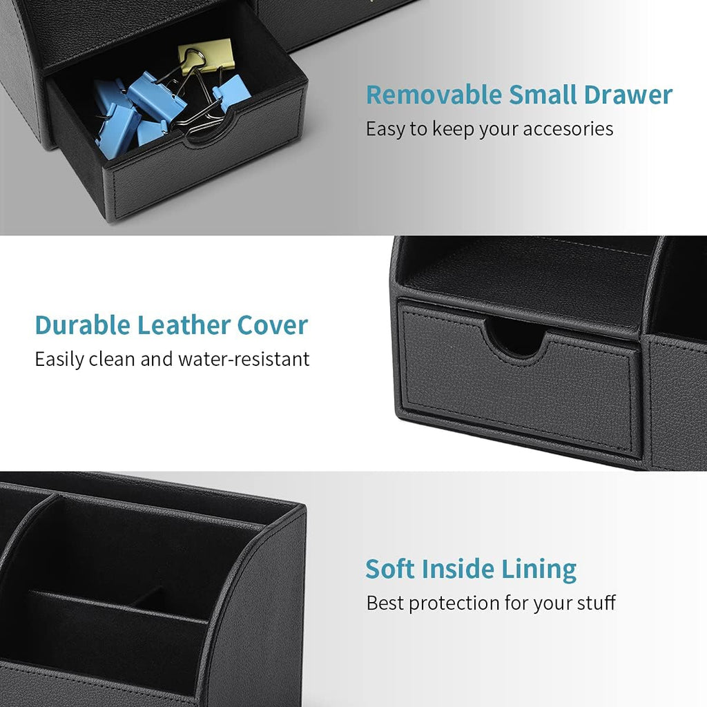 Vlando Office Desk Organizer Leather Desktop Organizer Caddy with Drawer for Storing Desktop Supplies and Accessories (Black)