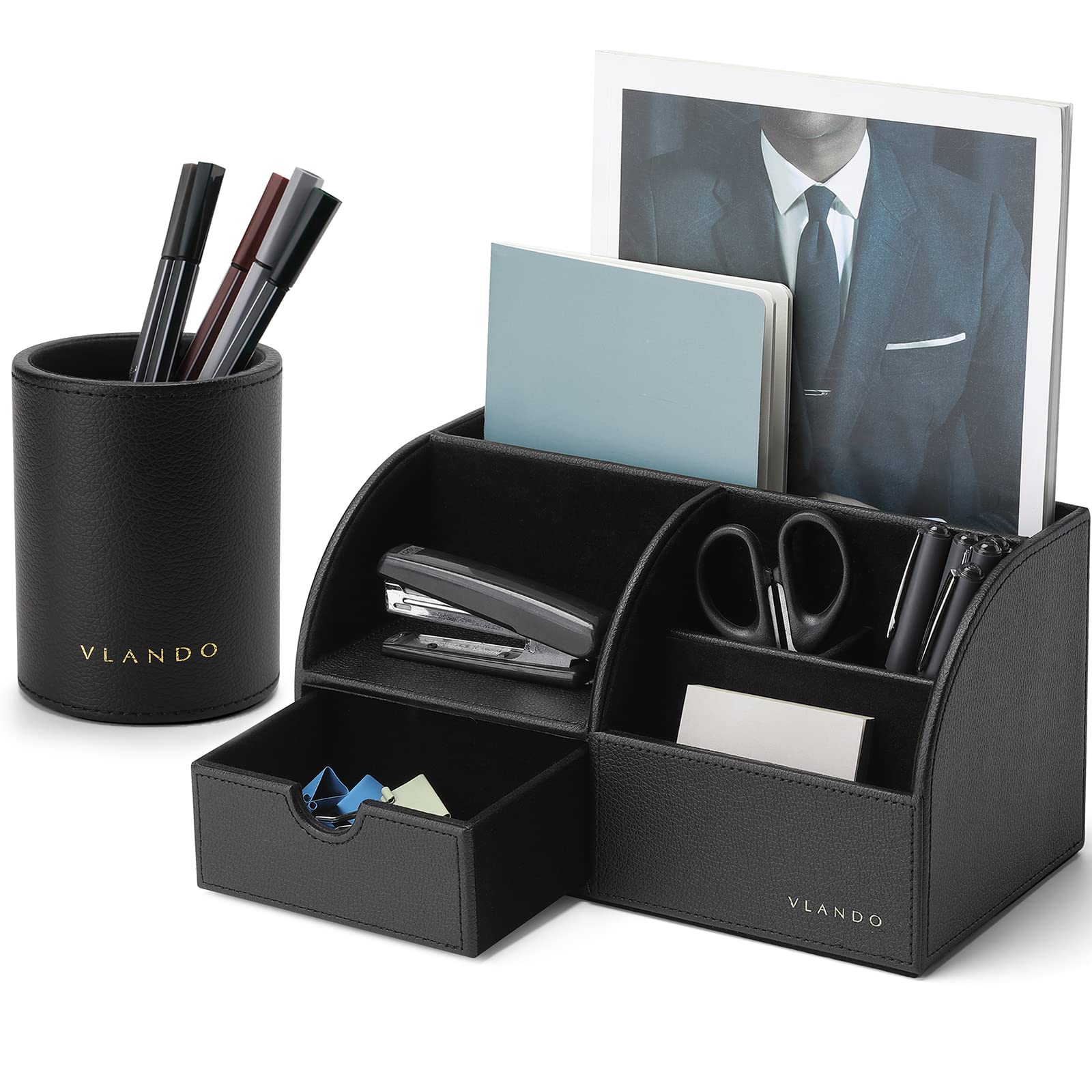 Vlando Office Desk Organizer Leather Desktop Organizer Caddy with Drawer for Storing Desktop Supplies and Accessories (Black)
