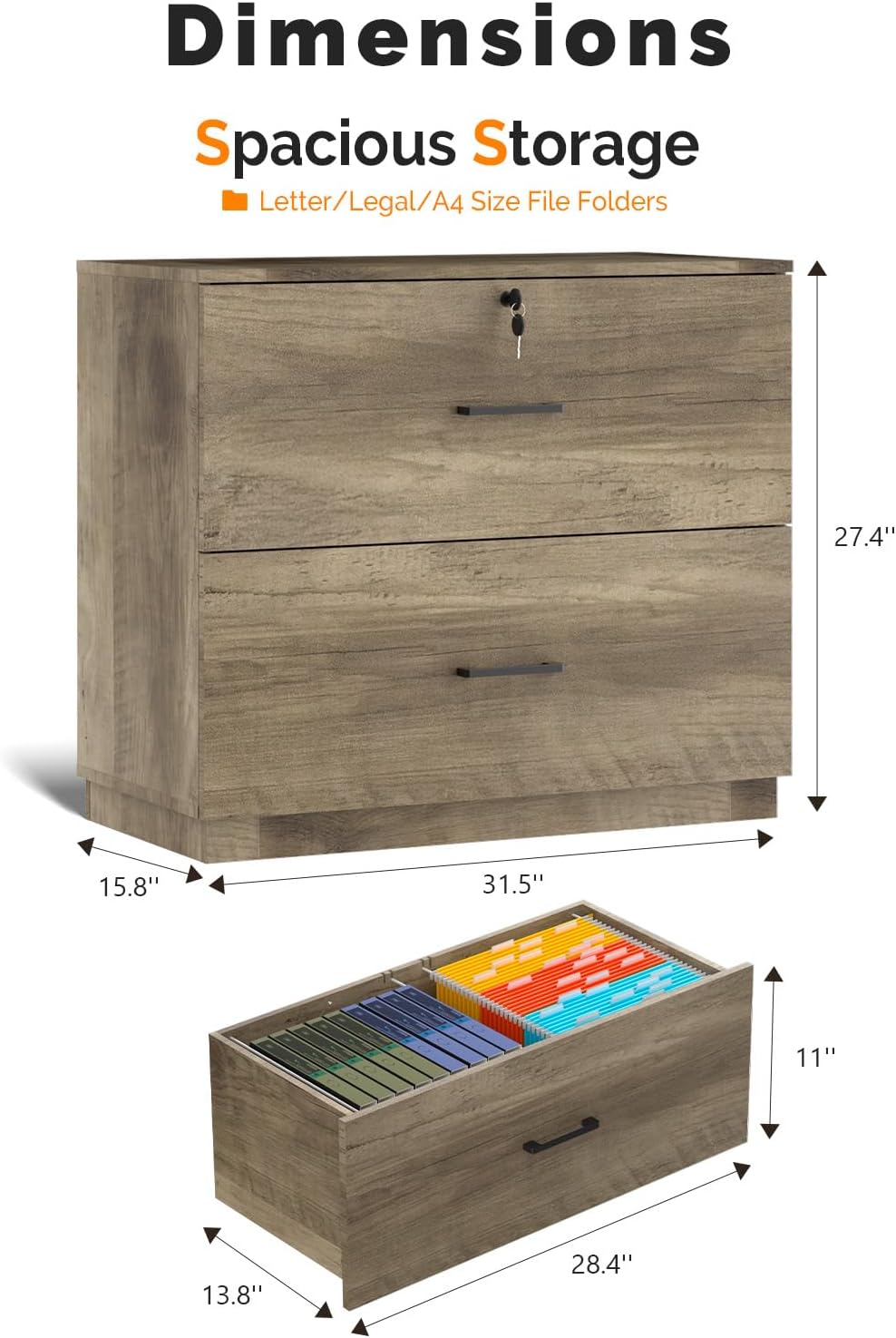 VINGLI 2 - Drawer Lateral File Cabinet with Lock, Lockable Wood Filing cabinets for Home Office, Wooden Printer Stand with 2 Drawers for Letter Legal A4 Size File Folder Storage, Rustic Gray