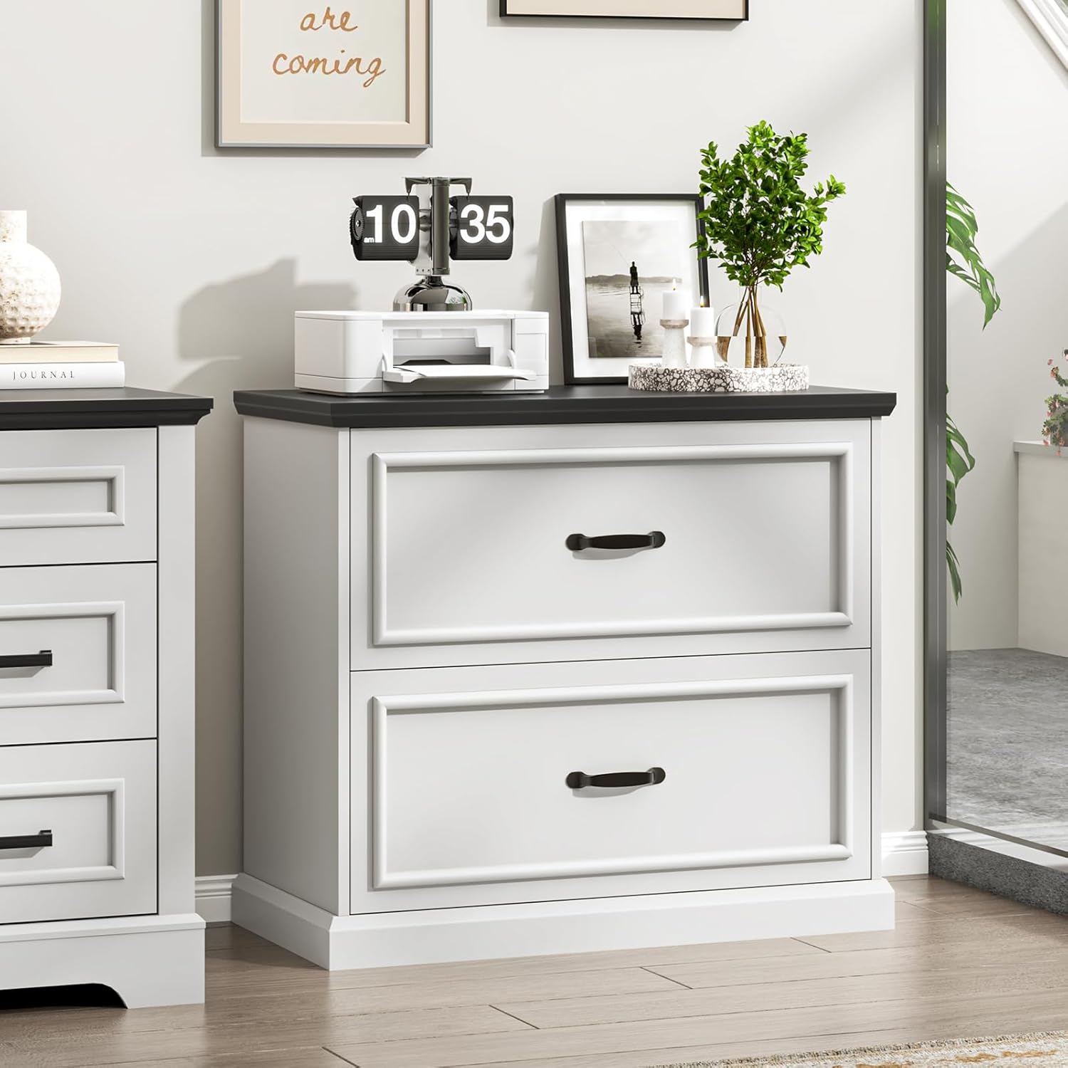 Halitaa 2 Drawer File Cabinet, Farmhouse Lateral Filing Cabinet for Letter/A4/F4/Legal Size Hanging Files, Large Wood File Storage Cabinets Printer Stand for Home Office, White and Black
