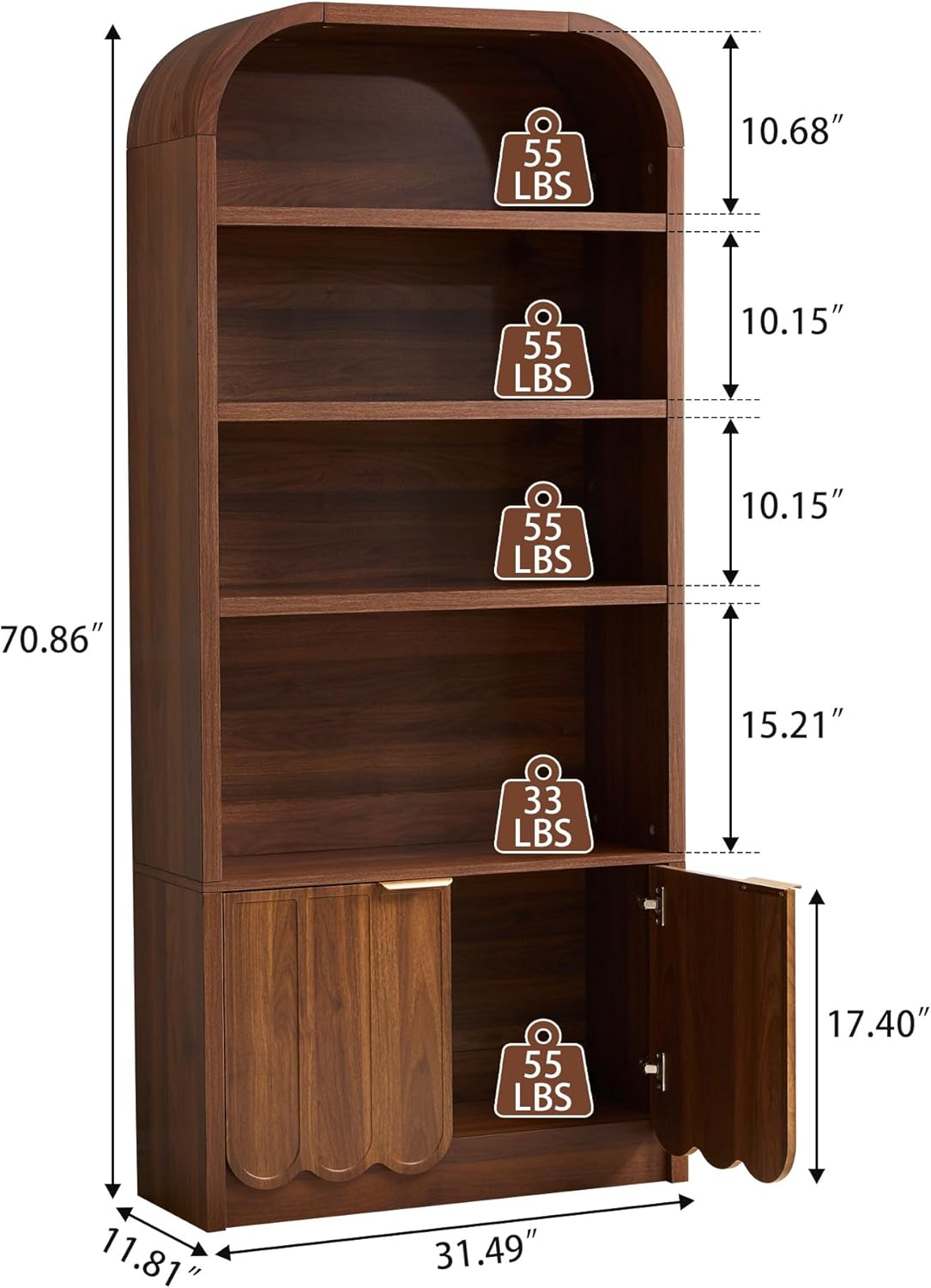 ORRD 70" Tall Arched Bookshelf with Storage Cabinet, Modern 4-Tier Wood Bookcase with Scalloped Doors & Gold Handles, Open Display Shelves for Living Room, Bedroom, or Home Study Office (Walnut)