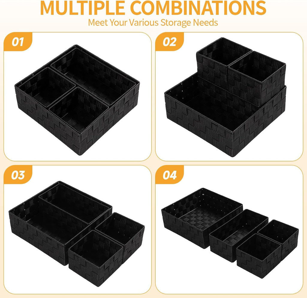 Posprica Small Black Baskets Cube Bin Container Tote,Woven Storage Baskets for Organizing Organizer Divider for Drawer, Closet, Shelf, Dresser, Set of 4