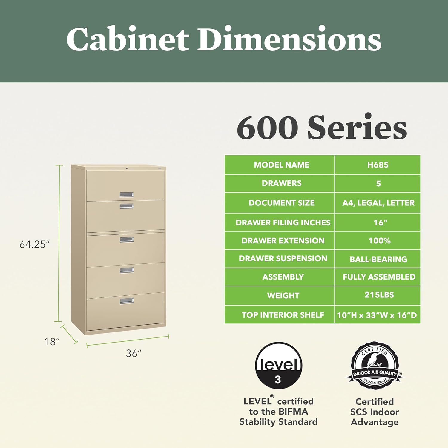 HON 5 Drawer Lateral File Cabinet with Lock, Metal Filing Cabinets for Offices, Adjustable Hangrails for A4, Legal, Letter Files, 18" Deep, Putty